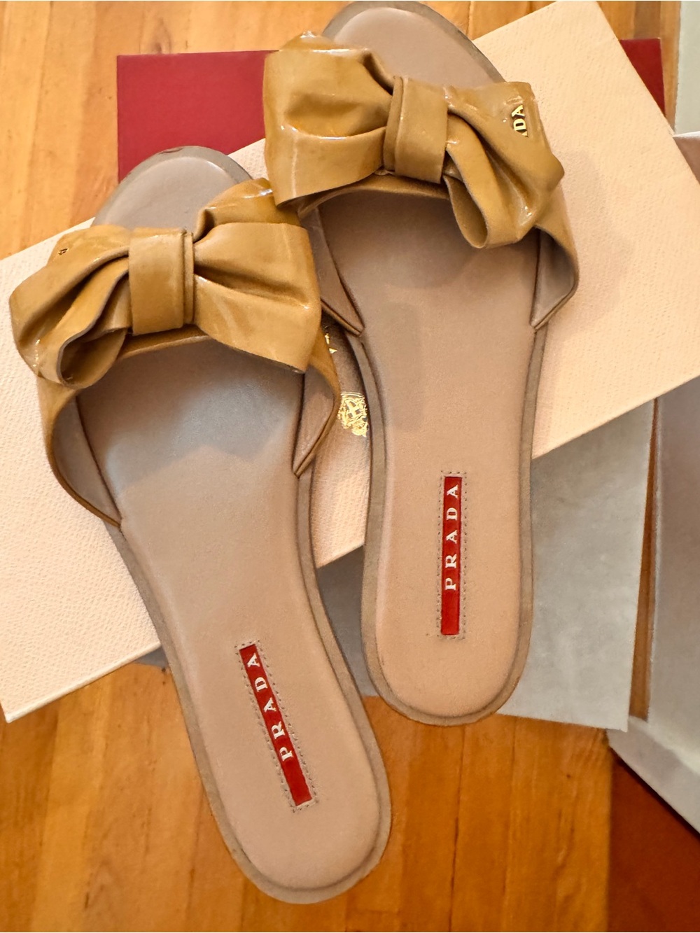 Prada Women's Cognac Bow Slide Sandals